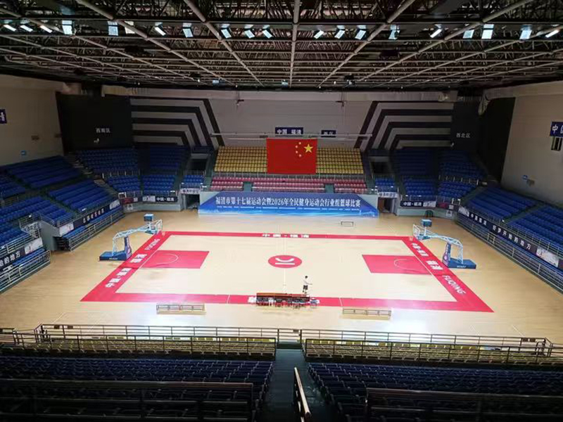 Overhead view of customized LED sports lighting system installed on the ceiling of Fuqing Basketball Stadium