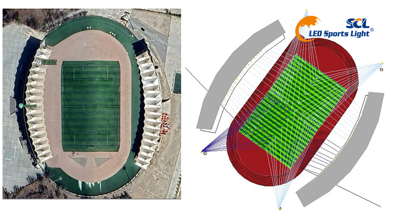 Aerial photo & light distribution drawing of Hami football stadium, customized wind-resistant LED flood light layout design by Seven Continents Lighting
